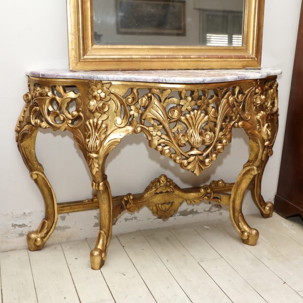 Consolle mossa in legno dorato con piano in marmo violetto epoca 800 - Consolle
