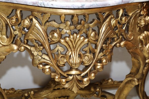 Consolle mossa in legno dorato con piano in marmo violetto epoca 800 - Consolle