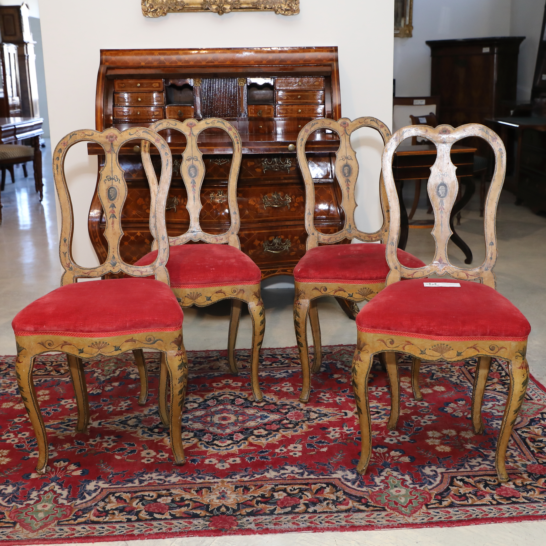 Gruppo sei sedie e due poltrone intarsiate Origine Inglese - Sedie e Poltrone