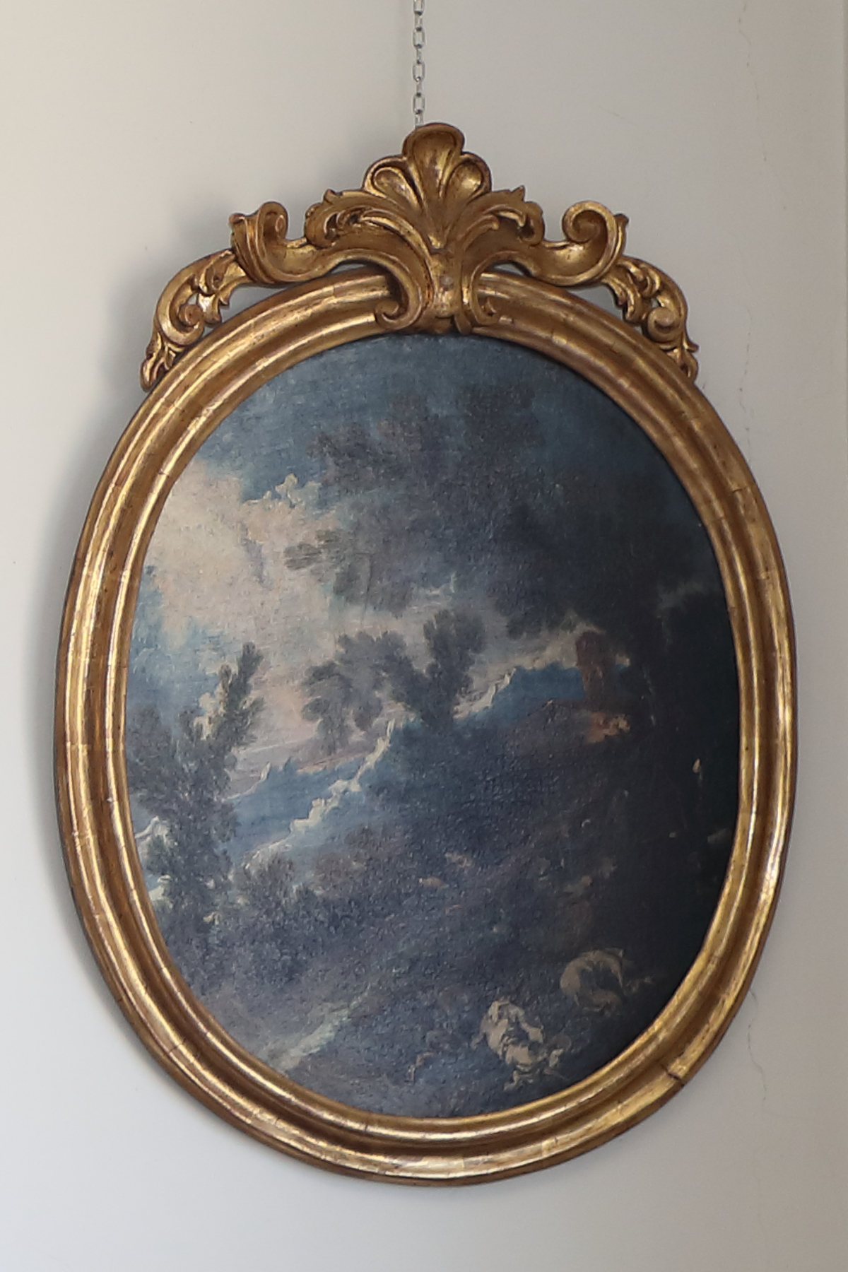 Coppia dipinti  ovali di origine italiana raffiguranti paesaggi con personaggi - Complementi d'arredo Coppia dipinti  ovali di origine italiana raffiguranti paesaggi con personaggi - Complementi d'arredo