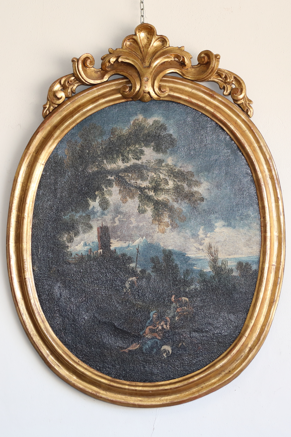 Coppia dipinti  ovali di origine italiana raffiguranti paesaggi con personaggi - Complementi d'arredo Coppia dipinti  ovali di origine italiana raffiguranti paesaggi con personaggi - Complementi d'arredo