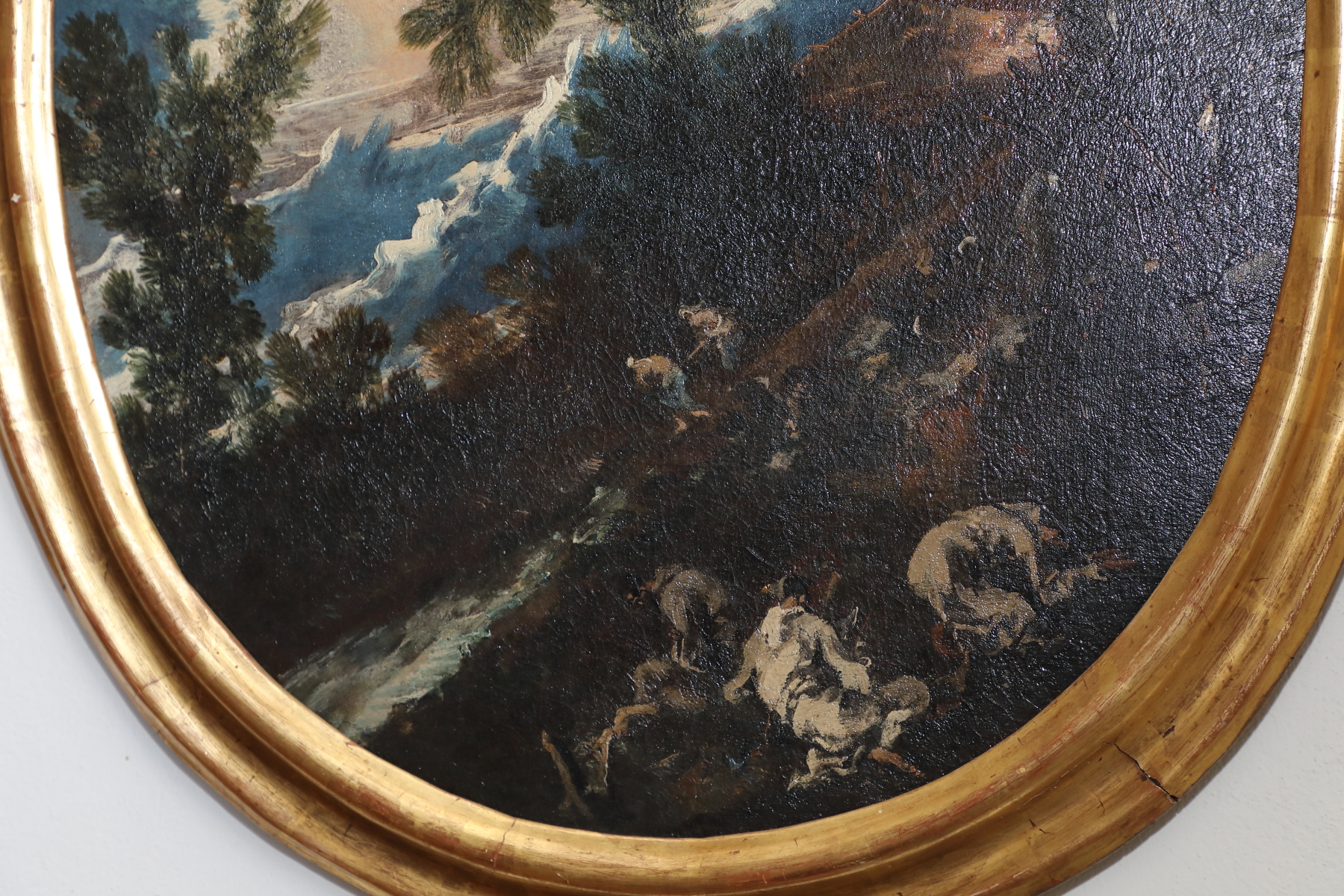 Coppia dipinti  ovali di origine italiana raffiguranti paesaggi con personaggi - Complementi d'arredo Coppia dipinti  ovali di origine italiana raffiguranti paesaggi con personaggi - Complementi d'arredo