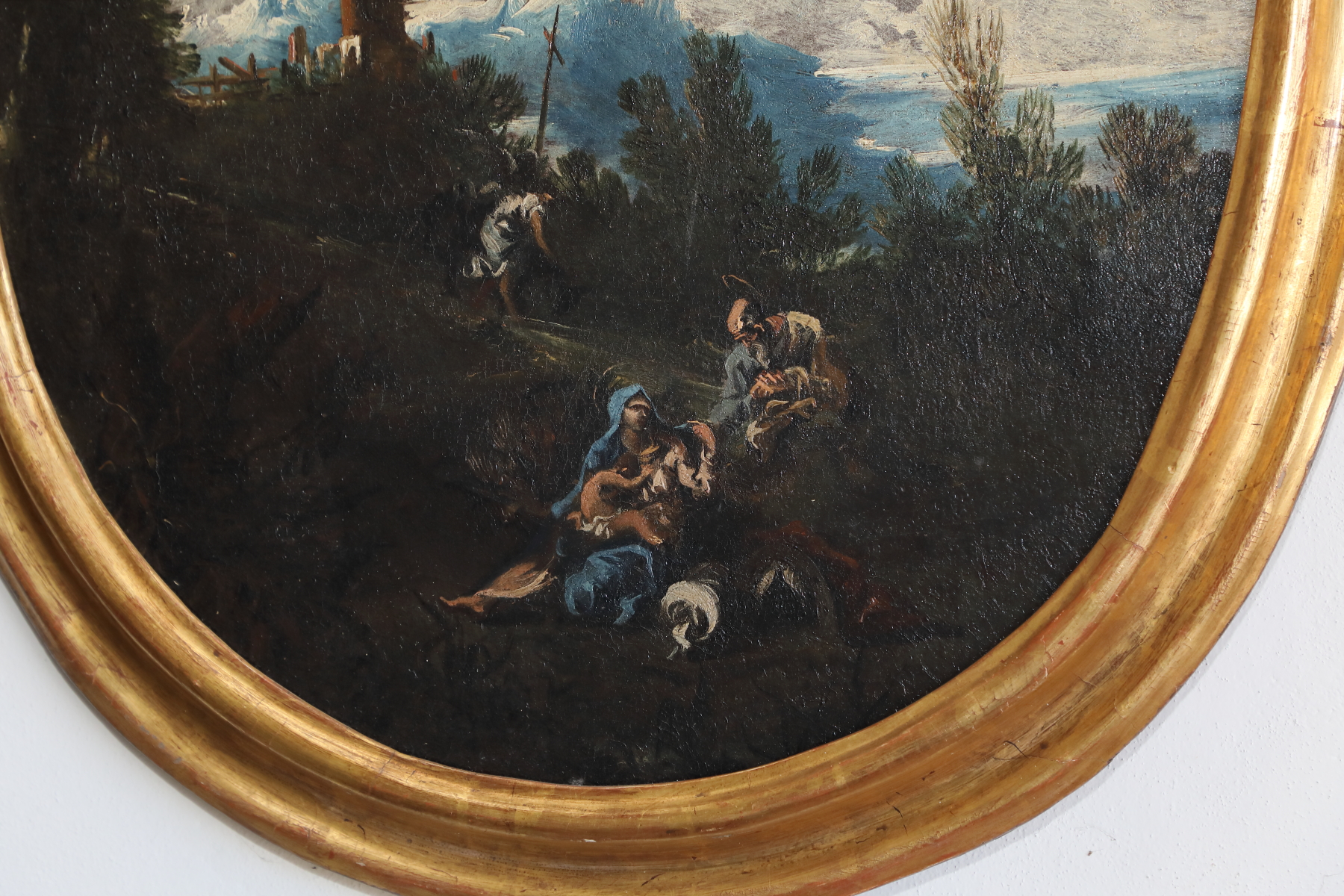 Coppia dipinti  ovali di origine italiana raffiguranti paesaggi con personaggi - Complementi d'arredo Coppia dipinti  ovali di origine italiana raffiguranti paesaggi con personaggi - Complementi d'arredo